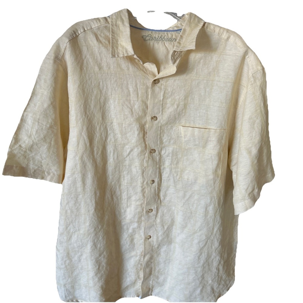 Caribbean Shirt Mens XL Tall‎ Butter Yellow Linen Cotton Beach Resort Preppy